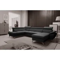canapé d'angle convertible en cuir italien de luxe 7-8 places avec coffre, noir, méridienne à droite (vu de face)  - warini