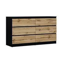 commode 6 tiroirs noir wotan chêne, l : 140 cm, h: 79 cm, p : 39 cm, meuble de rangement