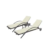 ensemble de 2 chaises longues de jardin transat bain de soleil avec petite table en polyrotin noir coussins beige 04_0002961