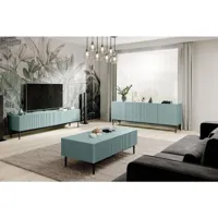 bobochic ensemble kasha avec meuble tv 200 cm + buffet 4 portes 200 cm + buffet haut 2 portes 100 cm pieds noirs bleu clair