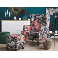 fauteuil bergère en tissu noir motif floral avec repose-pieds assoti sandset 216842