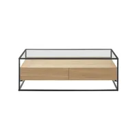table basse rectangulaire 2 tiroirs verre trempé, bois clair finition chêne et métal noir finn