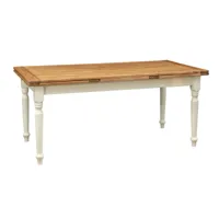 table à rallonge champêtre en bois massif de tilleul, structure antique blanche et plateau en finition naturelle