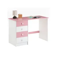 bureau arne pour enfant ou adulte multi rangements, avec 4 tiroirs, en pin massif lasuré blanc et rose