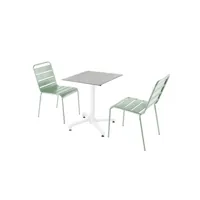 ensemble table de terrasse stratifié béton gris et 2 chaises vert sauge