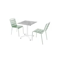 ensemble table de terrasse stratifié marbre et 2 chaises vert sauge