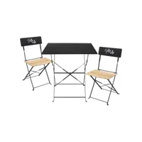 malam - ensemble table repas carrée pliante + 2 chaises pliantes noires
