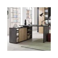 bureau gris et chêne à angle droit inversable avec porte coulissante et étagères travail études 150x120cm core office24