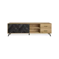 meuble tv 2 portes 2 tiroirs effet bois noir à chevrons et bois naturel 180 cm - delia