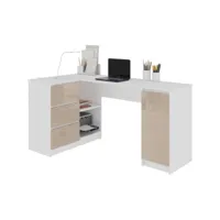 balaur - bureau informatique d'angle - 155x85x77 - 3 tiroirs - table ordinateur multi-rangements - blanc/cappuccino laqué