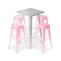 pack tabouret table & 4 tabourets de bar design industriel - métal - nouvelle edition - bistrot stylix rose