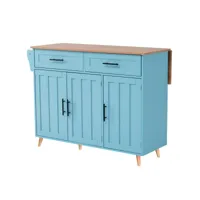 buffet de cuisine 129 x 76 x 91,5 cm, meuble bleu + plan de travail pliable + roulettes + pieds en bois massif commutables