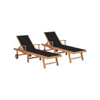 lot de 2 transats chaise longue bain de soleil lit de jardin terrasse meuble d'extérieur avec coussin noir bois de teck solide helloshop26 02_0012034