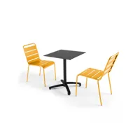 ensemble table de jardin stratifié noir et 2 chaises jaune