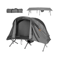 costway tente camping surélevée pour 1 personnes matelas auto-gonflant sac transport à roulettes double toit crochet de lampe gris