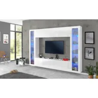 meuble mural luigi, ensemble de salon meuble tv avec 4 portes, meuble de salon polyvalent, 100% made in italy, cm 260x30h180, blanc brillant, avec lumière led bleue et deux vitrines 8052773602426