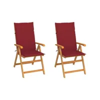 lot de chaises  de jardin 2 pièces avec coussins bordeaux bois de teck