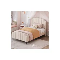 lit pour enfants 90 x 200 cm avec cadre de lit, tête de lit, pied de lit et sommier à lattes, en velours beige moselota