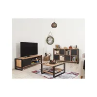 ensemble meuble tv, table basse et buffet style industriel senlid métal noir et bois naturel