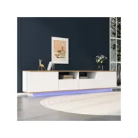 meuble tv industriel 180 cm pour salon, banc tv led en bois avec 2 portes, 2 tiroirs et 2 étagères ouvertes, blanc