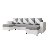 romy - canapé panoramique en u - 7 places - convertible avec coffre - en tissu et pu - best mobilier - blanc et gris