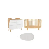 lit bébé 60x120 et commode avec plan à langer cocon - blanc et hêtre