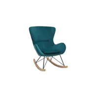 rocking chair design en tissu velours gaufré bleu canard, métal noir et bois clair eskua