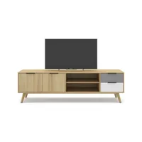 meuble tv 2 portes 2 tiroirs en pin massif blanc - gris - effet chêne 180 cm - eddy
