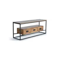 meuble tv 3 tiroirs bois, fer marron 150x40x60cm - bois-fer - décoration d'autrefois