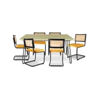 pack table à manger design industriel 150cm & 6 chaises de salle à manger en rotin - tapisserie en velours - puila moutarde