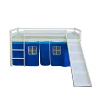 lit mezzanine 90x200cm avec échelle toboggan en bois blanc et toile bleu lit06115