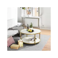 tables basses ronde avec étagère bout de canapé scandinave en bois et cadre en métal, gris et or, 80x80x42cm