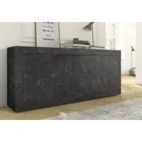 buffet, meuble de rangement 4 portes coloris marbre noir  -  longueur 207 x hauteur 86 x profondeur 43 cm