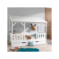 lit cabane enfant avec toit blanc en bois 90x200 + tiroir de lit