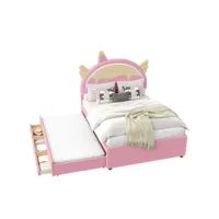 lit enfant lit gigogne 140 x 200 cm, forme licorne avec 3 tiroirs, matière pu, rose