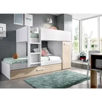 lit enfant eiger, chambre complète avec armoire et tiroir, composition de lits superposés avec deux lits simples, 244x112h150 cm, chêne et blanc 8052773872058