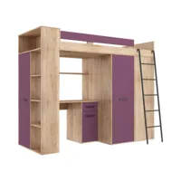 lit mezzanine 90x200cm avec échelle placard, bureau, bibliothèque et beaucoup d'étagéres vena p sonoma/violet
