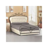 lit double en fer forgé couleur anthracite avec tête de lit capitonnée 172x202xh.140 cm