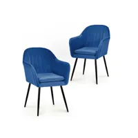 lot de 2 chaises avec accoudoirs en velours bleu pieds noirs edwige