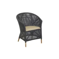 fauteuil en résine noire et teck + coussin extérieur