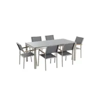 table de jardin en plateau granit gris poli 180 cm et 6 chaises en textile gris grosseto 35840