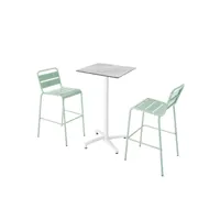 ensemble table haute stratifié marbre et 2 chaises hautes vert sauge