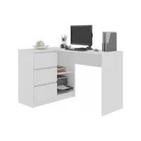 sundar - bureau informatique d'angle - 124x85x77cm - 3 tiroirs +  2 niches - table d'ordinateur multi-rangements - blanc