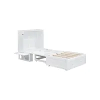 lit escamotable 90 x 200 avec tiroirs d'extrémité et étagères latérales, lit plateforme convertible, blanc