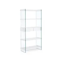 bibliothèque 2 tiroirs 4 niveaux bois blanc et verre trempé lina 90 cm