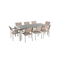 table de jardin en plateau granit gris poli 220 cm avec 8 chaises beiges grosseto 34130