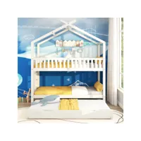 lit superposé 90x200 cm, lit d'enfant, trois lits, extensible, design encombrant, sommier inclus, bois de pin et mdf, couleur blanche
