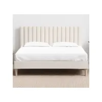 lit adulte 140x190 cm en velours beige avec tête de lit matelassée - eliot