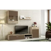 ensemble de salon meuble tv + 1 étagère murale + meuble haut + meuble bas coloris chêne cambrian, chocolat