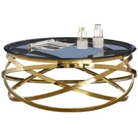 table basse design rond avec piètement en acier inoxydable poli doré et plateau en verre trempé anthracite l. 100 x h. 43 cm collection enrico viv-95846
